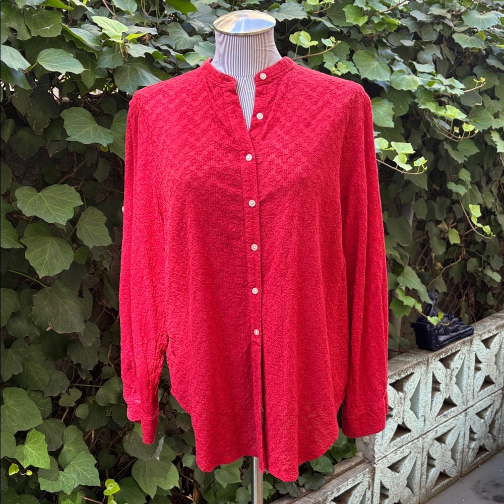 Ralph Lauren Red Textured Button-Front Women’s Blouse 1X